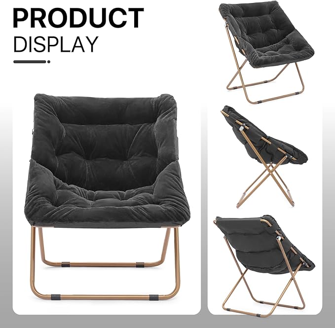 Athena Collection Saucer Chair for Adult, Square Comfy Cozy Chair Folding Chair Faux Fur Metal Frame Foldable Reading Chair Accent Chair for Bed Room Living Room, Black