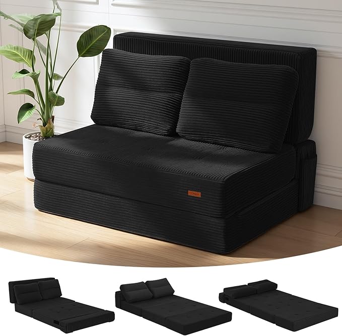 COMAX Folding Sofa Bed, Foldable Couch for Bedroom, Convertible Floor Sleeper Futon Chair Foam, Corduroy 3 in 1 Fold Out Chair Portable Comfy Lounge Couch Sofa Bed for Small Space, Twin, Black