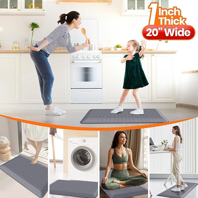 StepRite 1” Thick Kitchen Mats for Floor, Anti Fatigue Kitchen Rugs, Non-Slip,Heavy Duty Waterproof Kitchen Rug, Standing Desk Mat, Gifts for Friends, Family, Home, Kitchen, Office (39" x 20", Grey)