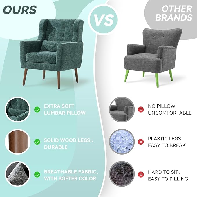 QKFF Modern Accent Chair, Upholstered Armchair with Pillow, Fabric Single Sofa Chair with Lounge Seat and Wood Legs Accent Chair for Living Room Bedroom Small Spaces (Blackish Green)