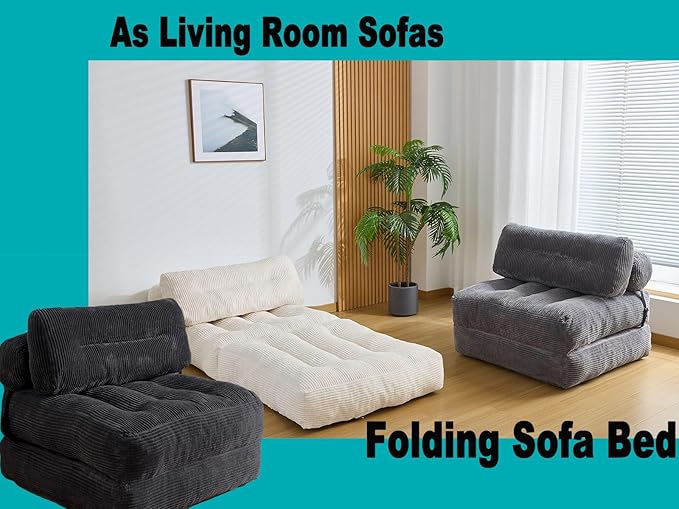 Kisoy Folding Sofa Bed, Convertible Sleeper Chair Couch Bed Faux Rabbit Fur for Adults, with Back Support Floor Couch Comfy Floor Sofa for Living Room Bedroom, Black, Single