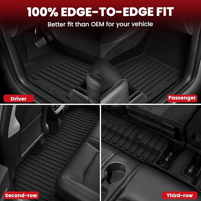 LASFIT 9PCS Premium Extra Thick Floor Mats for Tesla Model Y 7 Seater 2025/2024/2023/2022/2021/2020 | TPE All Weather Custom Fit Interior Accessories | Cargo Liners Trunk Mats with Rear Backrest Mats