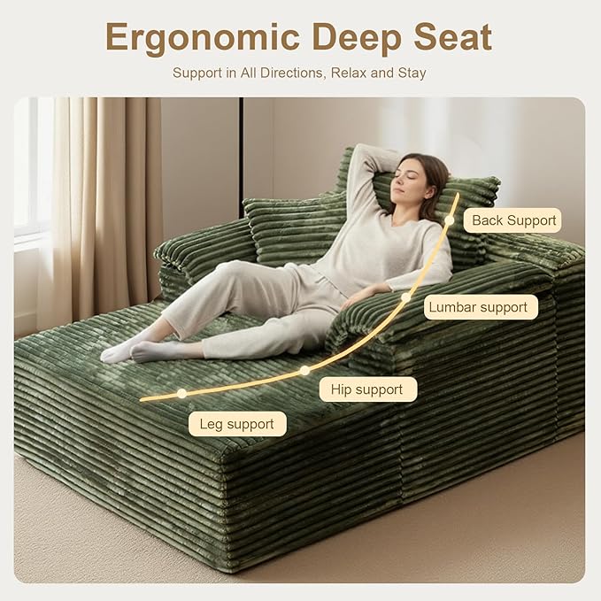 Oversized Chaise Lounge Chair Indoor, Upholstered Single 61'' Rolled Arm Boneless Cloud Sofa Bed Sleeper Couch, No Assembly Faux Rabbit Fur Memory Foam Reading Chair for Living Room Bedroom Green