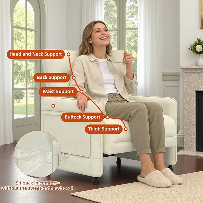 Tbillionnext Upholstered Accent Sofa, Modern Faux Leather Sofa Chair with Hidden Foldable Tray & Side Pocket, Rear Contour Arm Design, Small Accent Sofa for Bedroom, Beige