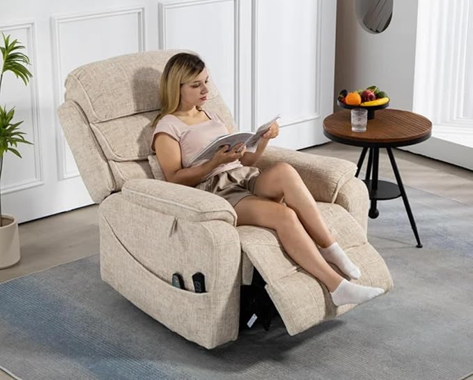Cream Recliner Chair for Elderly | Tall and Big Man 400lbs | Velvet | Power Lift, Lay Flat, Stand Up, Wireless Charging Device, Extended Footrest, Massage Heat, Cup Holder, Lumbar Pillow
