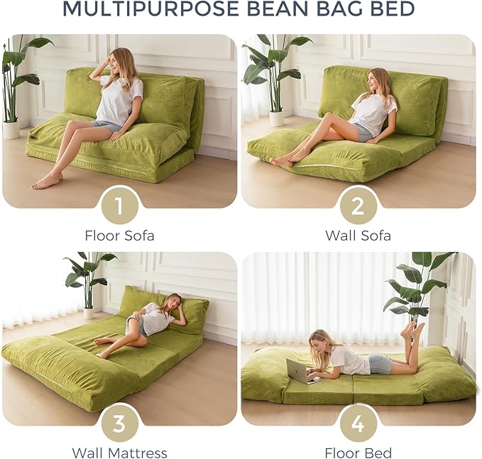 MAXYOYO Folding Sofa Bed, Extra Thick and Long Floor Sofa Convertible Sleeper Chair with Washable Cover, Floor Couch Lounge Bean Bag Bed for Living Room, Green, 39x95 Inch