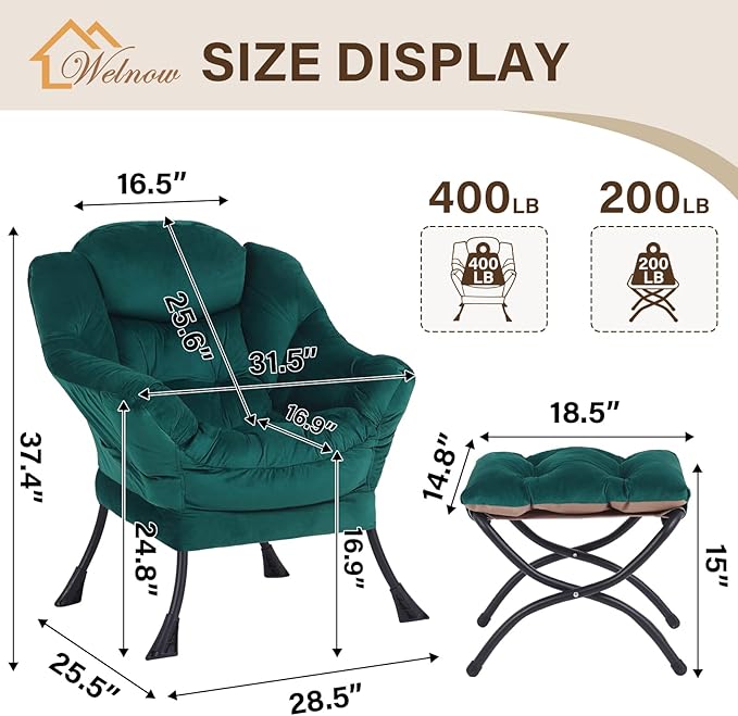 Welnow Lazy Chair with Ottoman, Modern Lounge Accent Chair with Armrests and a Side Pocket, Leisure Sofa Armchair, Reading Armchair with Footrest for Small Space, Dark Green