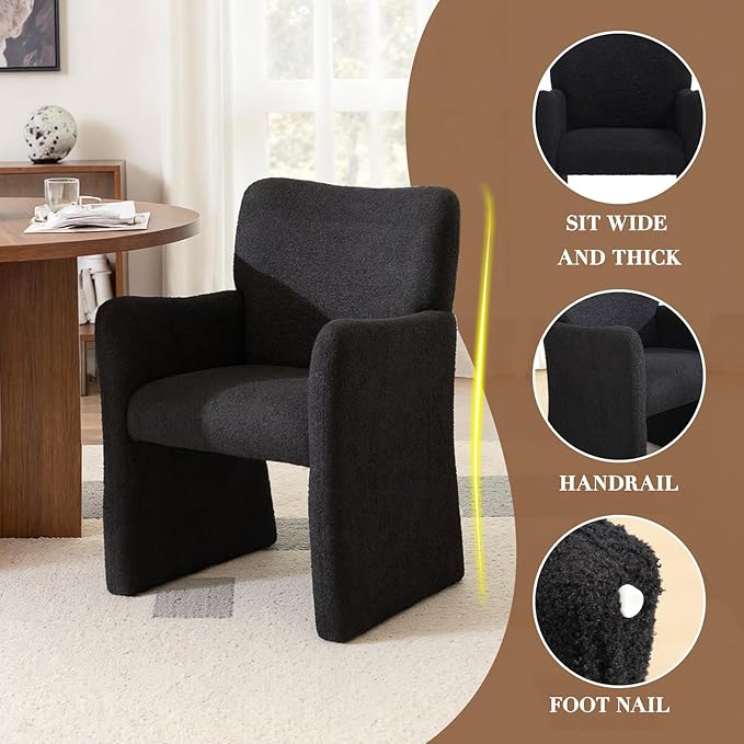 CIMOTA Boucle Dining Chairs Set of 4, Sherpa Upholstered Accent Chairs with Arms/Wood Legs, Comfortable Kitchen Chairs for Living/Reception/Dining Room, Black