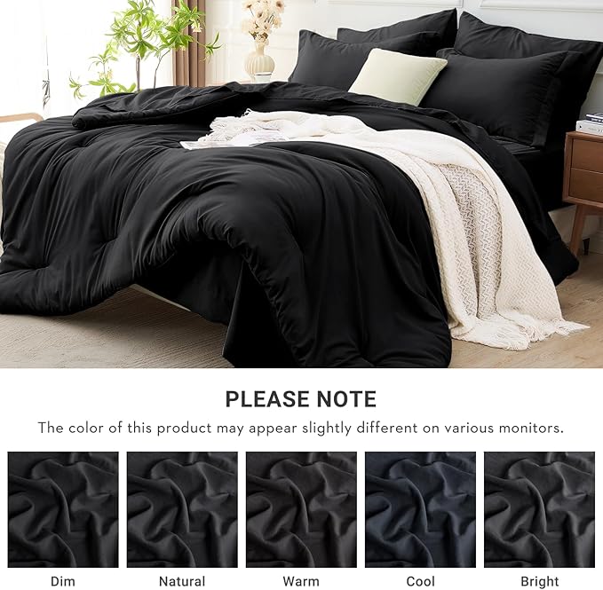 MUXHOMO 5 Pieces Twin XL Comforter Set, Soft Bed in a Bag Twin XL Size, All Season Bedding Set with Comforter, Flat Sheet, Fitted Sheet, Pillowcases & Shams, Black