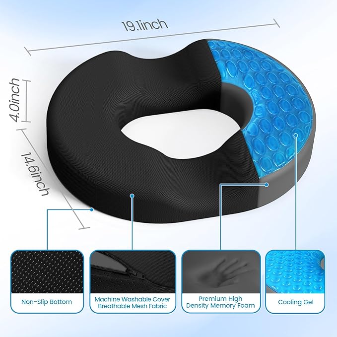 Donut Pillow Seat Cushion - Cooling Gel Floor Pillow, Memory Foam Floor Cushion for Office & Home, Car Seat, Hemorrhoids Pillow, Sciatica & Tailbone Pain Relief Chair Cushion, Black-XXL