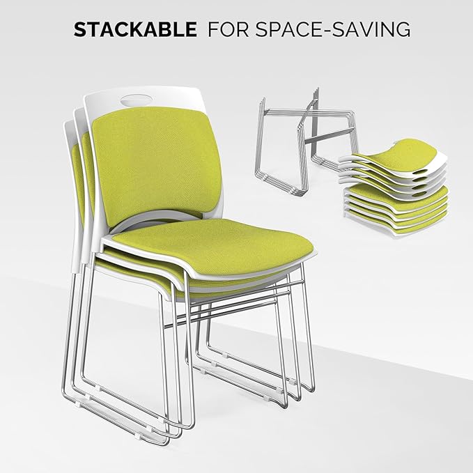 VINGLI Stackable Chairs Set of 12, Stacking Office Chairs with Metal Sled Base, Ergonomic Plastic Padded Seat & Back, Capacity 350lbs, Stacking Chairs for Waiting Room Break Room Banquet Guest, Green