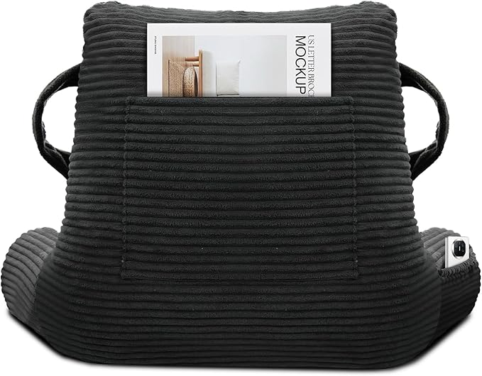 ABROLOY Reading Pillow for Sitting in Bed Adult, Bed Reading Pillow with Shredded Memory Foam, Back Pillow for Sitting with Arms and Pockets, Black