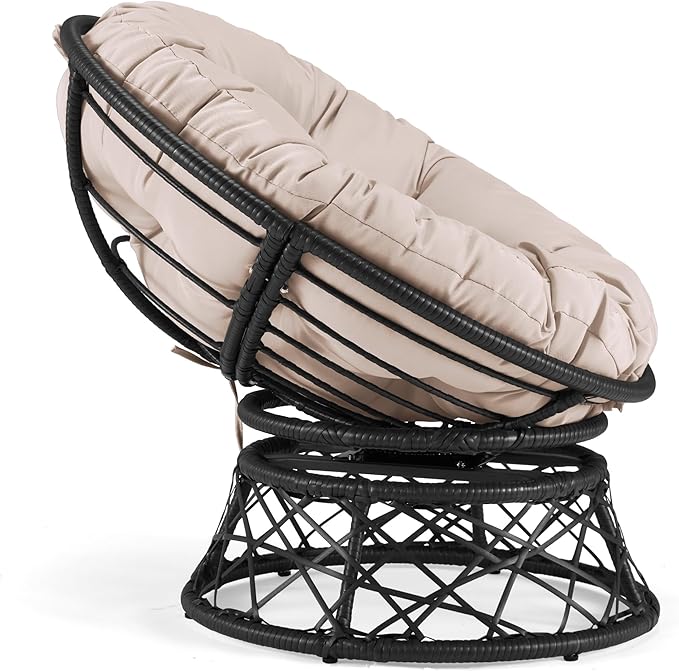 Kromax 40" Ergonomic Wicker Papasan Chair, 360° Swivel Round Egg Chair with Soft Thick Cushion, Indoor Outdoor Use for Living Room, Bedroom, Reading Room, Black Frame with Beige Cushion