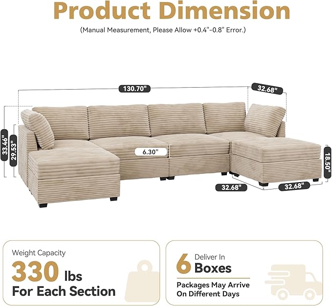 CAODOC Large 6 Seat Modular Sectional Sofa with Ottoman Seat Corduroy Sleeper Sectional Sofa Bed Oversized Convertible Modular Couch for Living Room