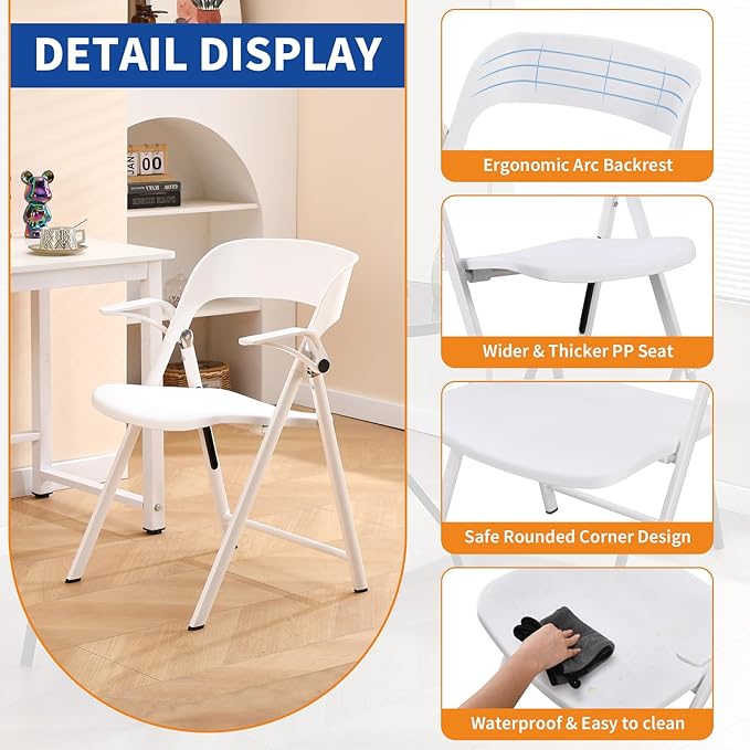 White Office Chair with Arms, Plastic Folding Chairs, Comfort Stackable Dining Chairs,Portable Foldable Chair with Steel Frame for Indoor, Outdoor, Wedding, Party, Lawn, Yard, Beach, 2Pack