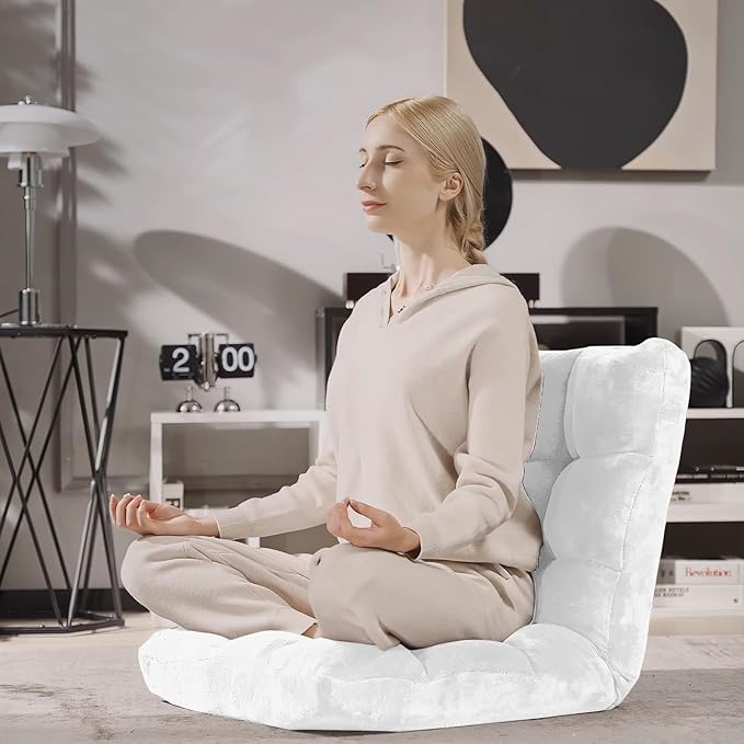 S AFSTAR Cushioned Floor Chair, 14-Position Adjustable Padded Lazy Recliner with Comfortable Back Support and Skin-Friendly Cover, Great for Reading, Playing Game, Meditating (White)