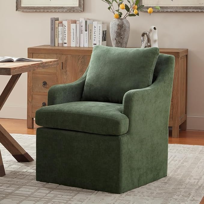 VKNOW Upholstered Dining Chairs Set of 4, Modern Kitchen Chairs Dinner Chairs with 4 Casters, Linen Armchair for Bedroom Reading Room Living Room, Green