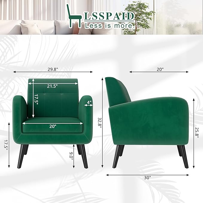 LSSPAID Accent Chairs Set of 2, Modern Velvet Living Room Chairs, Comfy Upholstered Armchairs Single Sofa Chair with Solid Wood Legs, Green