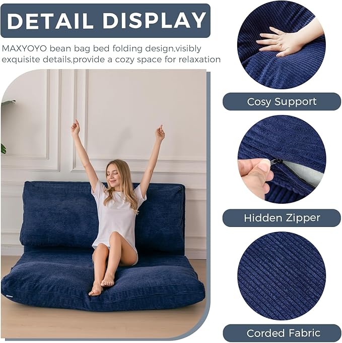 MAXYOYO Folding Sofa Bed, Extra Thick and Long Floor Sofa Convertible Sleeper Chair with Washable Cover, Floor Couch Lounge Bean Bag Bed for Living Room, Navy, 30x95 Inch