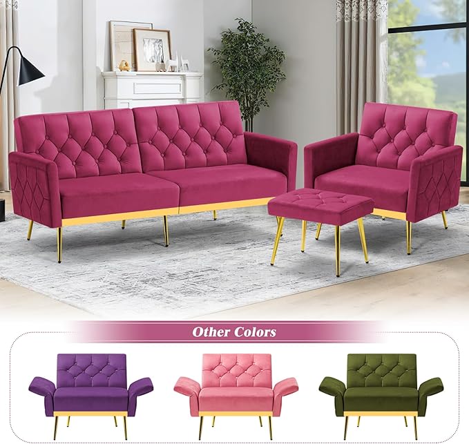 ACMEASE Velvet Accent Chair w/Adjustable Armrests and Backrests, Tufted Single Sofa with Ottoman, Upholstered Reading Chiar for Living Room, Apartment, Bedroom, Fuchsia