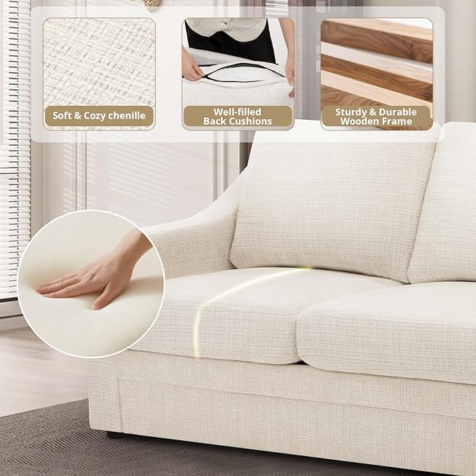 ACMEASE 83 Inches Chenille 3-Seat Sofa w/Comfortable Back Cushions, Modern Sofa w/Deep Seat Space, Upholstered 3 Seater Couch w/High Resiliency Foam for Living Room, Beige