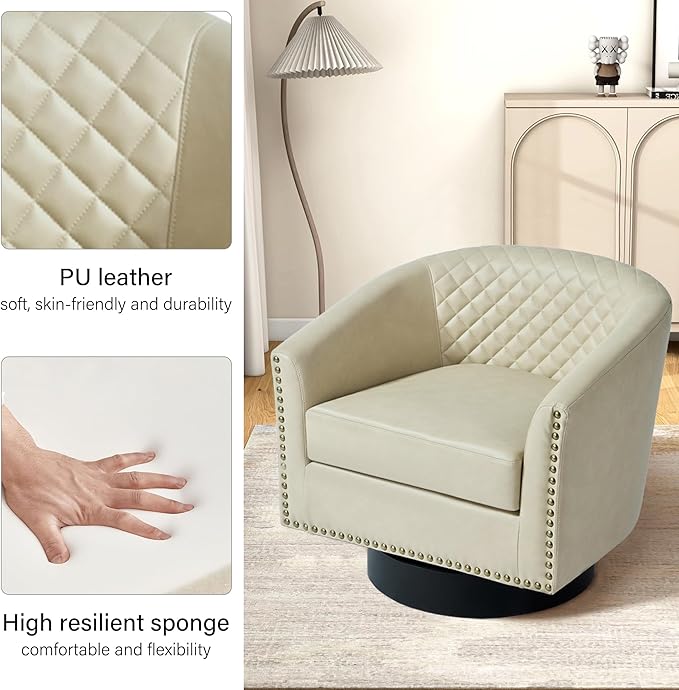 DREAMSIDEA Swivel Barrel Accent Chair, Comfy Modern Upholstered Round Faux Leather Arm Chair for Living Room, Bedroom - Beige, Set of 2