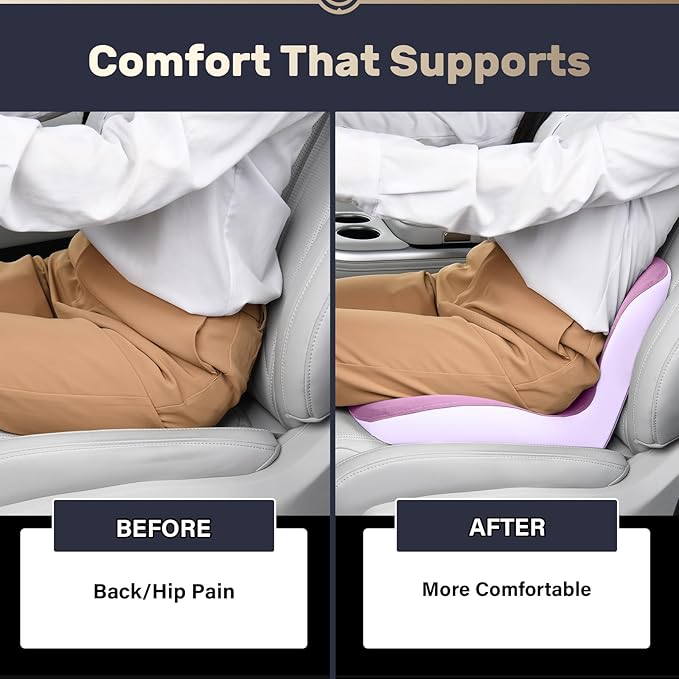 Coverado Car Seat Cushion and Lumbar Support Pillow One Piece, Memory Foam Ergonomic Back Support Driving Seat Cushion for Back Pain, Non-Slip Washable Cushion for Car, Driver, Office