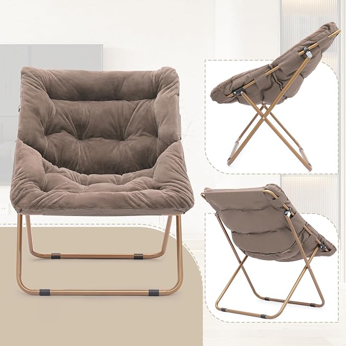 Athena Collection Saucer Chair for Adult, Square Comfy Cozy Chair Folding Chair Faux Fur Metal Frame Foldable Reading Chair Accent Chair for Bed Room Living Room, Brown