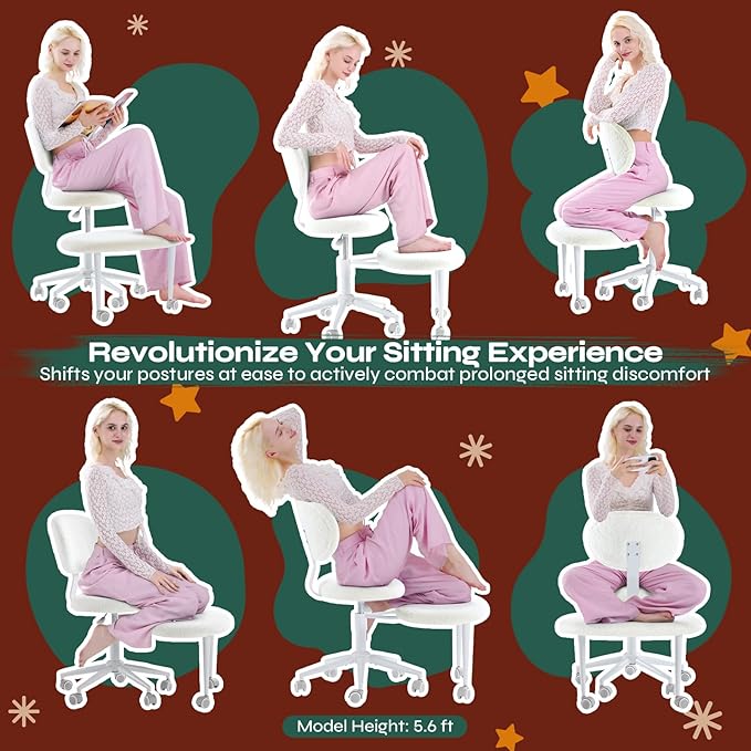Pinmoco Ergonomic Cross Legged Office Chair with Wheels, ADHD Chair for Adults, Meditation Chair, Yoga Office Chair, Comfortable Back Support, Height Adjustable,Small Spaces, Fleece Fabric, Beige