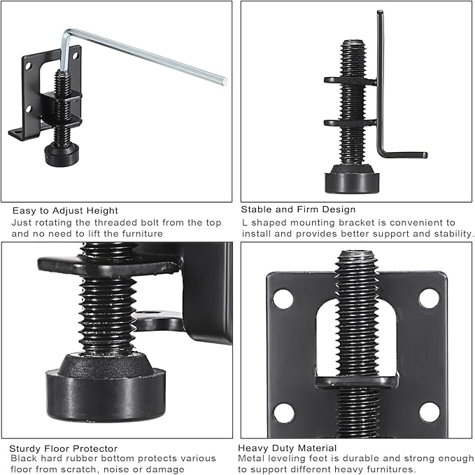 OwnMy 4 Packs Adjustable Furniture Leveling Feets L Shaped Furniture Levelers Legs, Heavy Duty Furniture Mounting Brackets Metal Leveling Feet for Workbench Cabinet Wardrobe, 2.2" H, Black