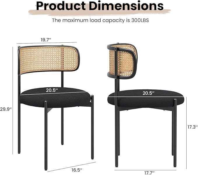 Farini Dining Chairs Set of 2,Mid-Century Modern Kitchen Chair Rattan Backrest Round Upholstered Sherpa Dining Chairs with Metal Legs,Black