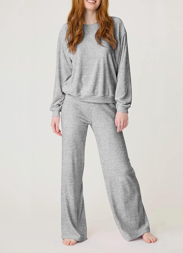 Aamikast Women's 2-Piece Lounge Set Soft Brushed Jersey Sleepwear Pajamas Set Long Sleeve Top & Wide Leg Pants