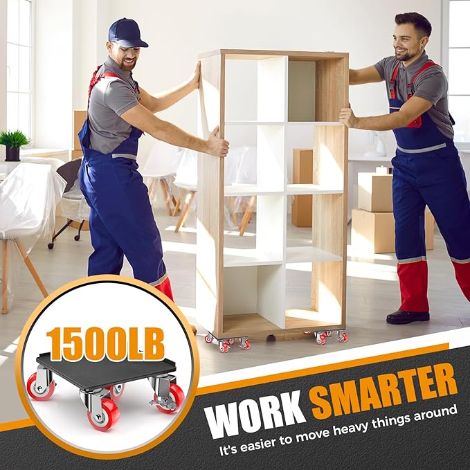 LOYAL TIGER Heavy Duty 1500LBS Furniture Dolly & Movers with 5X 360° Wheels - Carbon Steel Panel & Non-Slip Casters, Includes Lifter Jacks, Gliders for Sofa, Refrigerator (5.4 Inch, Red)