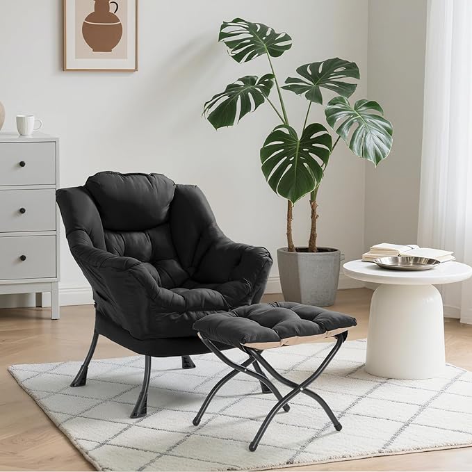TLSUNNY Lazy Chair with Foldable Ottoman, Modern Comfy Lounge Chair, Large Sofa Armchair with Footrest and a Side Pocket, Reading Chair with Footstool for Bedroom, Living Room, Dorm (Black)