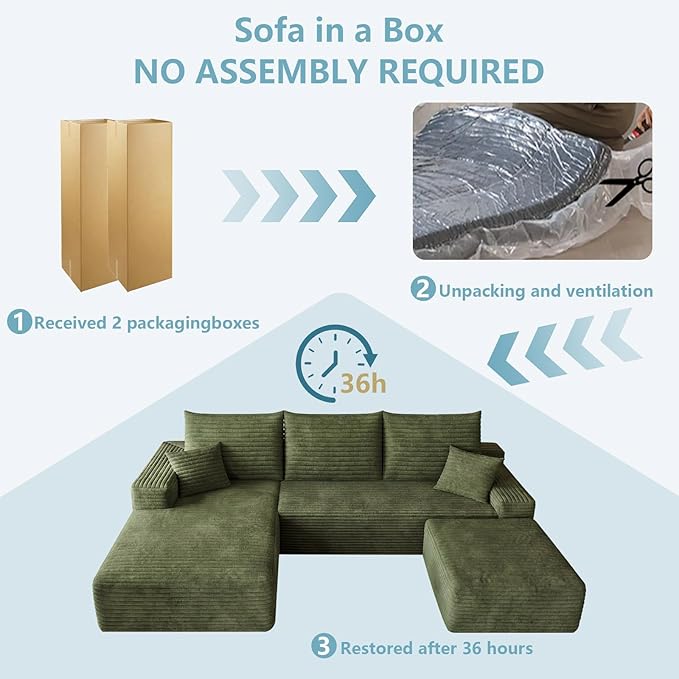 95" Cloud Sectional Couch with Ottoman,Modern U-Shaped Cloud Couch with Deep Seat,Comfy Corduroy 3-Seater Sofa,Memory Foam Sofa for Living Room,No Assembly (Green,Left-Facing Chaise)