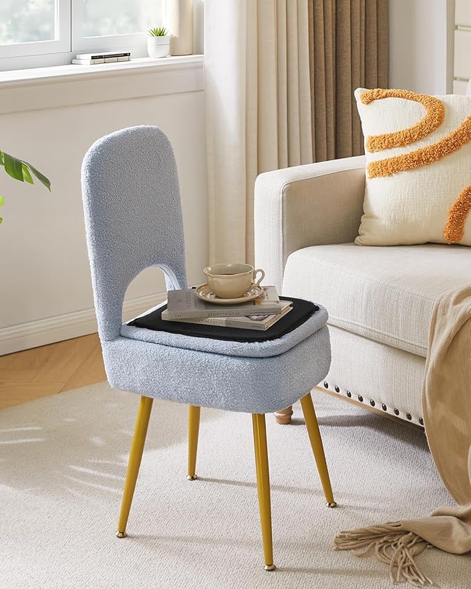 IBUYKE Small Storage Vanity Stool with Folding Backrest, 12.99" x 13.78" x 31.5" Square Teddy Velvet Ottoman, Makeup Chair for Living Room, 4 Metal Legs with Anti-Slip Feet, Blue WBD027H