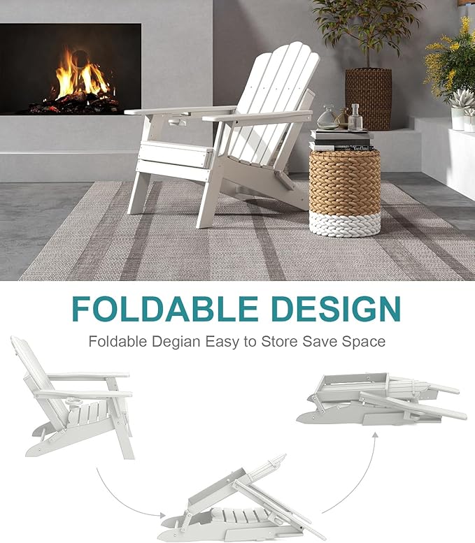 FOOWIN Adirondack Chair Set of 8, Folding Adirondack Chair with Cup Holder, HDPE All-Weather Fire Pit Chair for Patio, Garden, Backyard, Poolside, White