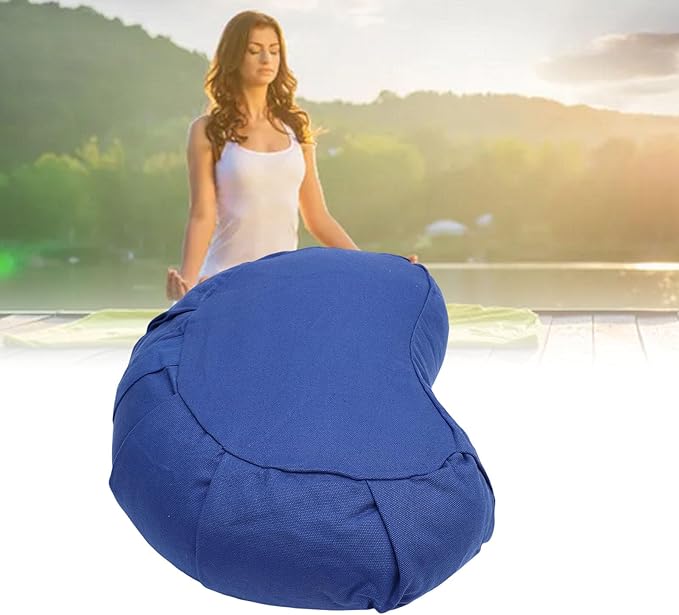 Semme Half Moon Meditation Cushion, Buckwheat Hulls Filled Yoga Pillow with Cotton Cover, for Floor Seating Mat Practice Home Office Outdoor (Dark Blue)