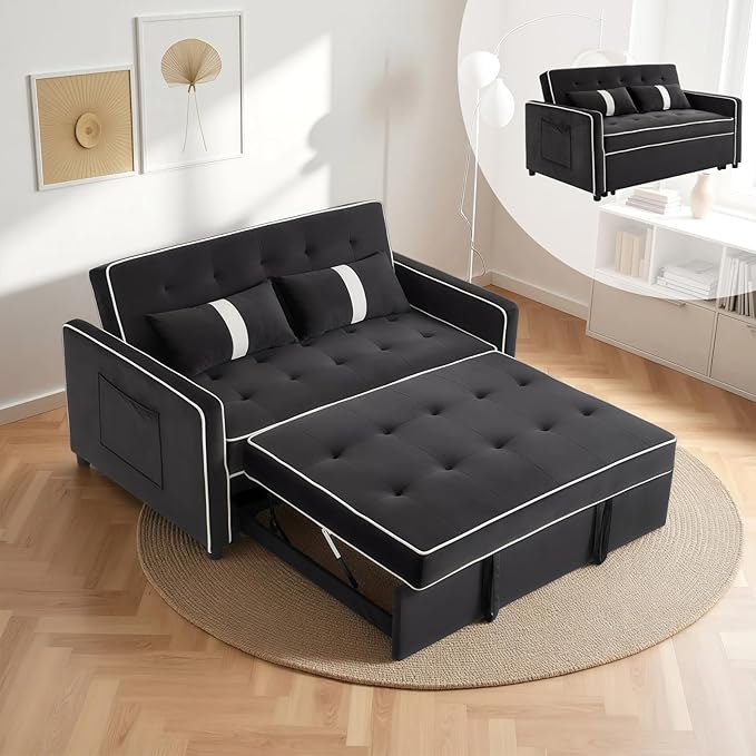 3 in 1 Convertible Loveseat Sleeper Sofa, Modern Futon Couch with Adjustable Backrest, Pull Out Sofa Bed Upholstered for Living Room Bedroom Apartment Small Space (Black)