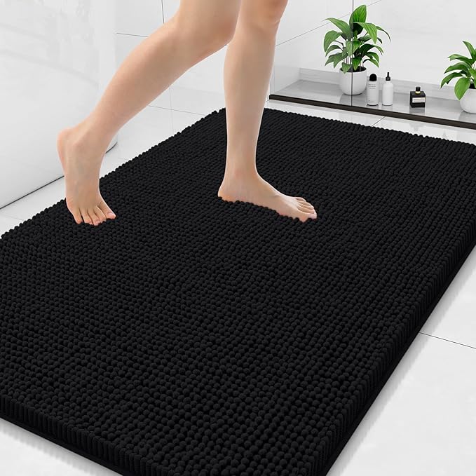 Arotive Bathroom Rugs 47x32, Extra Soft Absorbent Shaggy Chenille Bath Rugs, Machine Washable Rubber Backing Non-Slip Bath Mats for Bathroom Floor Tub and Shower, Home Decor Accessories, Black