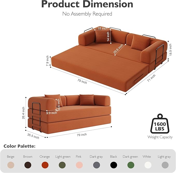 79 Inch 5-in-1 Convertible Sofa Bed, Corduroy Boneless Floor Couch with Fixed Frame & Pillow, Modular Folding Mattress Lounger for Small Space, Living Room, Bedroom - Easy Assembly(Orange)