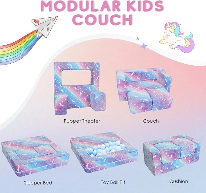 MeMoreCool Glow in The Dark Kids Couch – Modular Fold-Out Toddler Sofa (Rainbow) | Convertible Play Couch for Bedroom & Playroom; Chair, Bed, Fort or Ball Pit; Machine-Washable Velour Cover