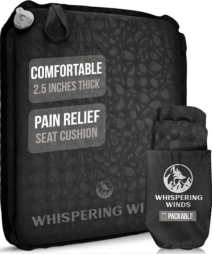 Whispering Winds Inflatable Seat Cushion - Comfortable Blow-up Foam Pad for Airplane, Travel, Stadium, Outdoors, Camping, Car & More