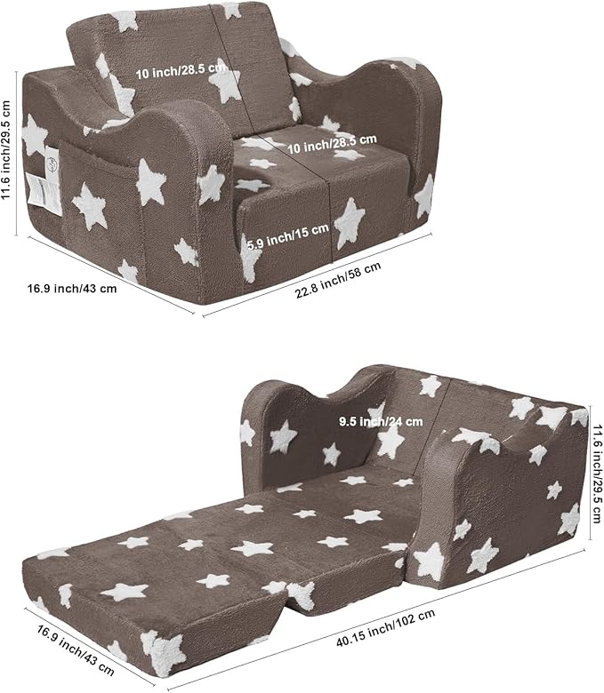Toddler Couch, Kids Couch for Toddler Fold Out, 2-in-1 Convertible Kid Sofa to Lounger Bed for Girls and Boys, Ideal for Reading Sleeping Gaming Decor (Brown)