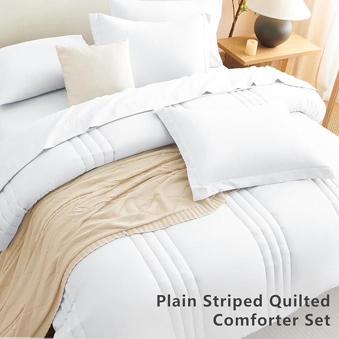 CozyLux California King Size Comforter Set - 7 Pieces Bed in a Bag White Comforter Set with Sheets Cal King, Soft Bedding Set with Down Alternative Comforter, Sheets, Pillowcases & Shams
