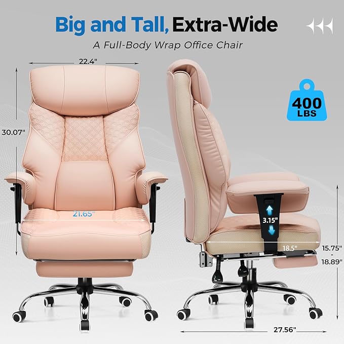 GTRACING Big and Tall Office Chair 400LBS Wide Ergonomic Gaming Chair with Deluxe Embossing Designed Leather with Foot Rest,150°Reclining Adjustable Soft Armrests Pocket Spring Back Support and Pillow