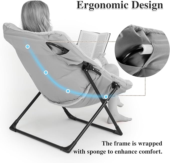 Comfy Saucer Chair for Adults, Soft Faux Fur Bedroom Chair with Ottoman, Accent Dorm Chairs, Living Room Reading Chairs and Footstool, Folding Lounge Seat for Teens, X-Large, Brown