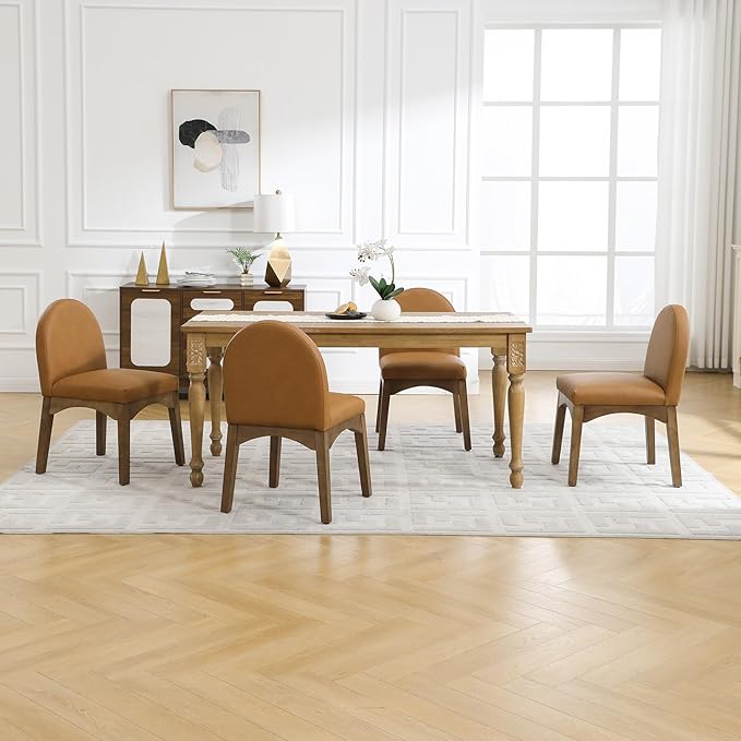 DUOMAY Modern Dining Chairs Set of 6, Mid Century Faux Leather Dining Room Chairs Upholstered Kitchen Chairs with Solid Rubberwood Legs, Armless Accent Side Chairs, Brown