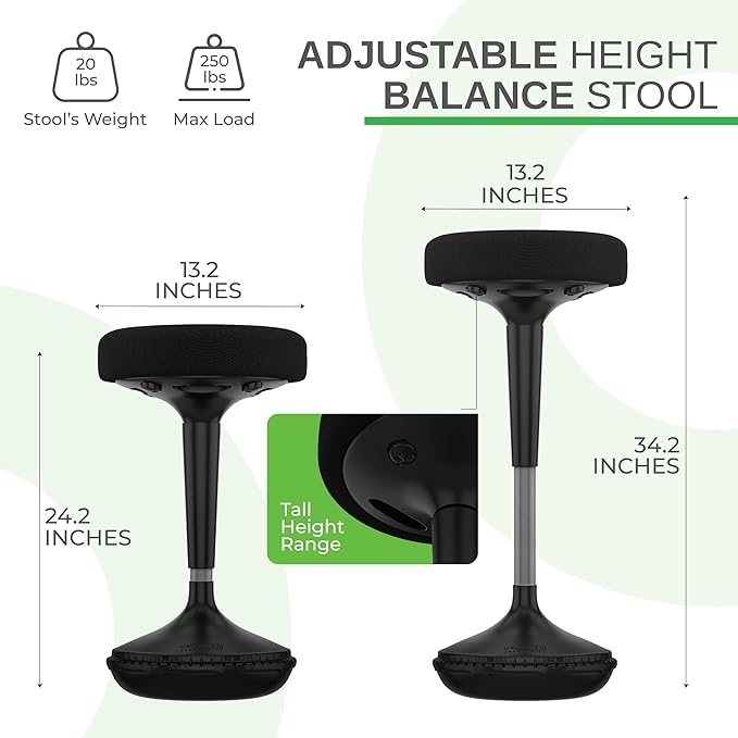 Uncaged Ergonomics Wobble Stool – Height Adjustable (23–33") Ergonomic Standing Desk Chair, Flexible Seating for Office, Classroom, and Active Sitting - Black