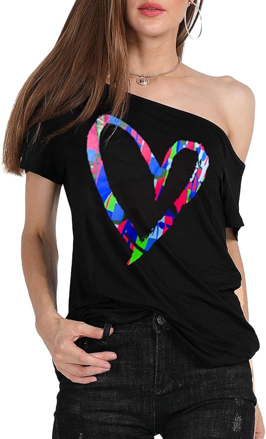 MAGICMK Women’s Short Lips Print Causal Off The Shoulder Plus Size T-Shirt Tops